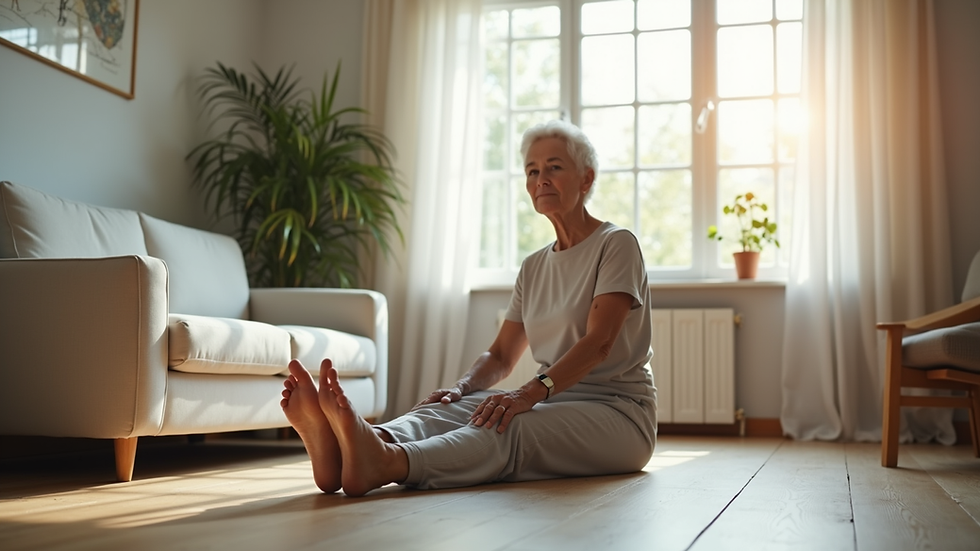 Eye-level view of a senior woman doing seated leg lifts in a bright living room