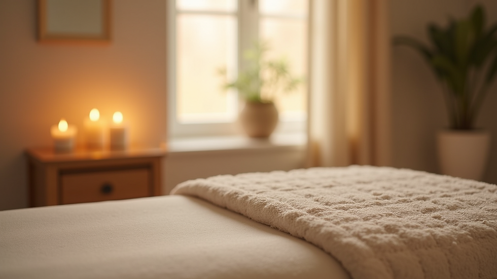 Close-up view of a serene massage therapy room with soft lighting and calming decor