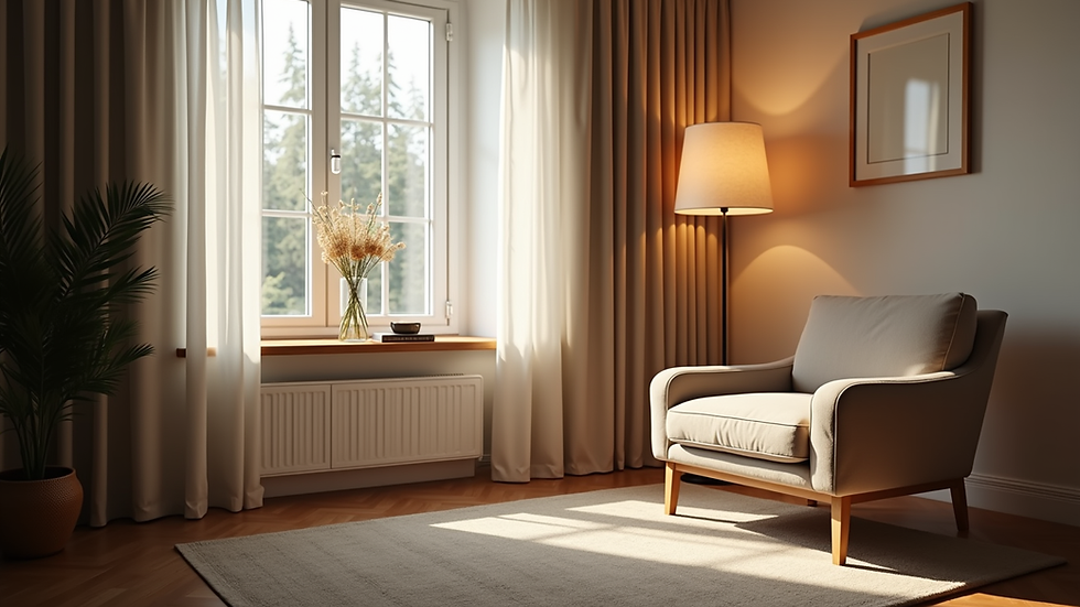 Eye-level view of a cozy living room with soft lighting and a comfortable chair