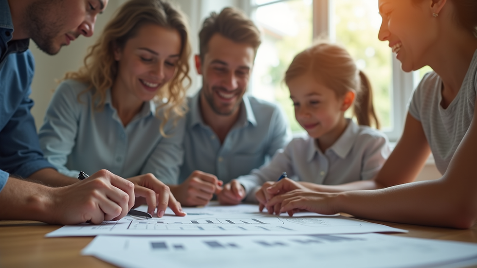 Eye-level view of a family discussing estate planning documents