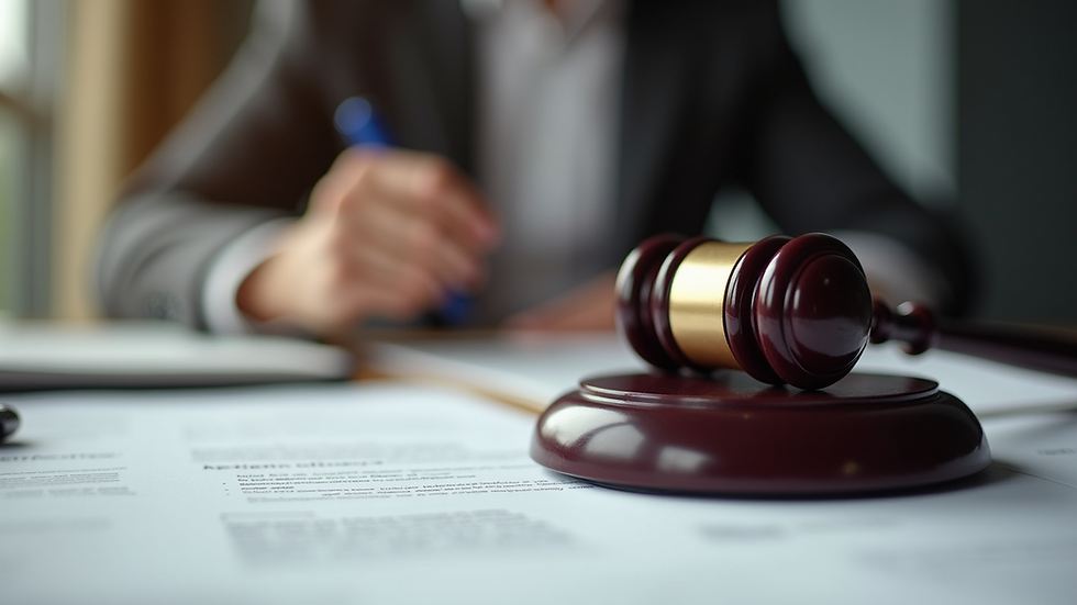 Close-up view of legal documents and a gavel on a desk
