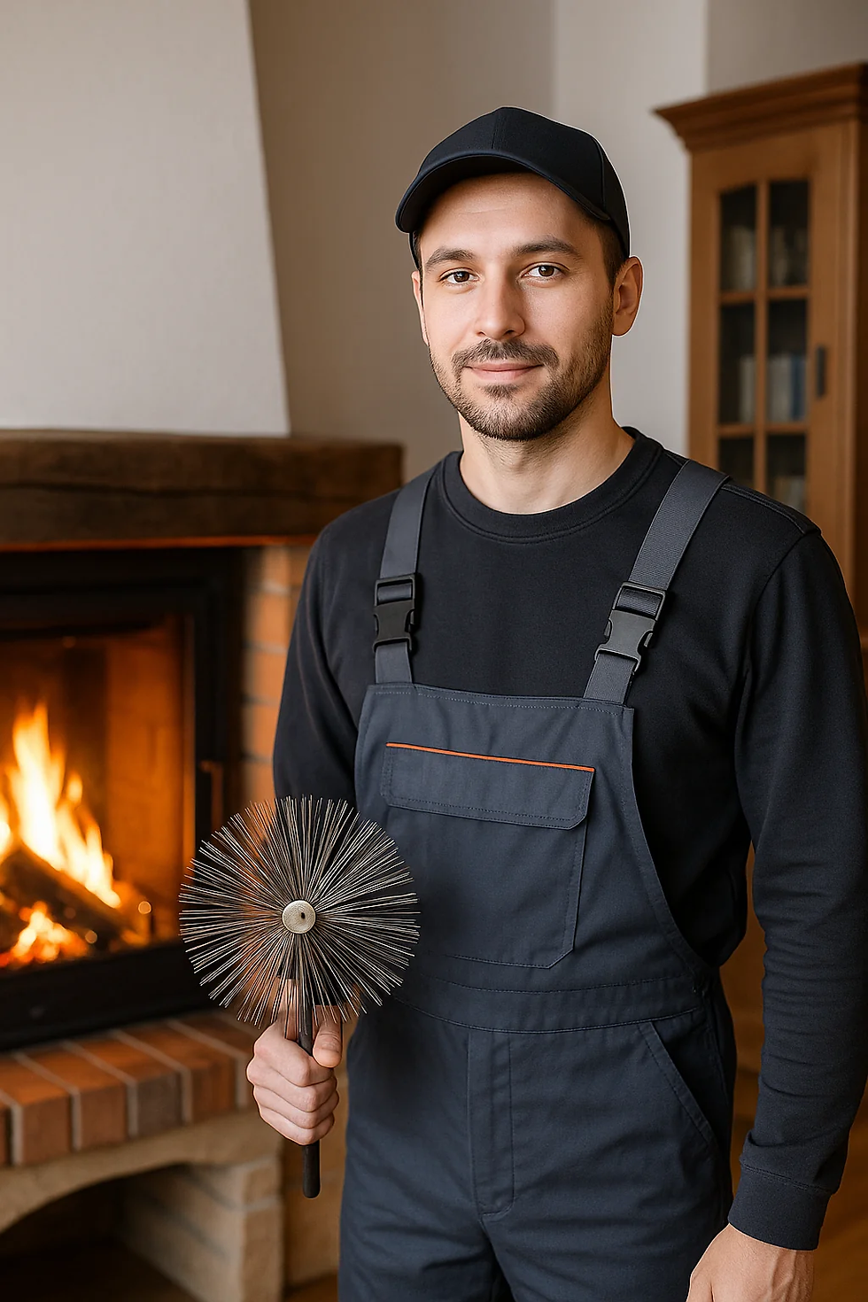 Friendly chimney sweep holding a brush near fireplace