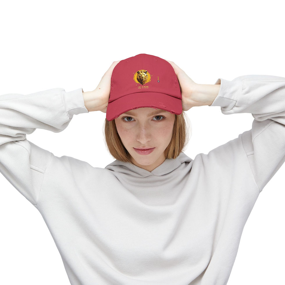 Thumbnail: The Lion Unisex Distressed Cap red female model