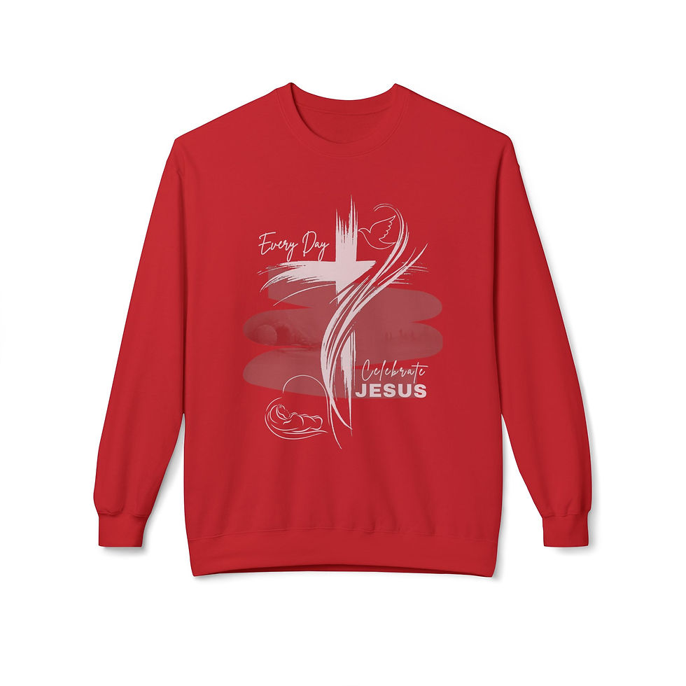 Thumbnail: Celebrate Jesus Fleece Crewneck Sweatshirt red front flat