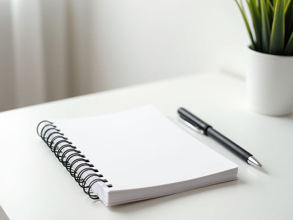 A minimalist workspace with a notebook and pen arranged on a clean white surface.