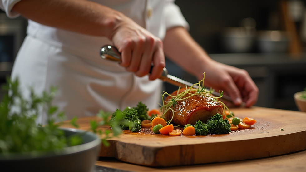Close-up of a private chef preparing a gourmet meal in a villa kitchen