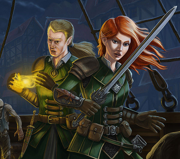 Two elves, a woman with red hair and a man with long blonde hair, stand on the deck of a ship. The woman has a drawn sword. The man has a spell forming between his hands. Both wear green leather armor and bracers with a red maple leaf embossed on it.