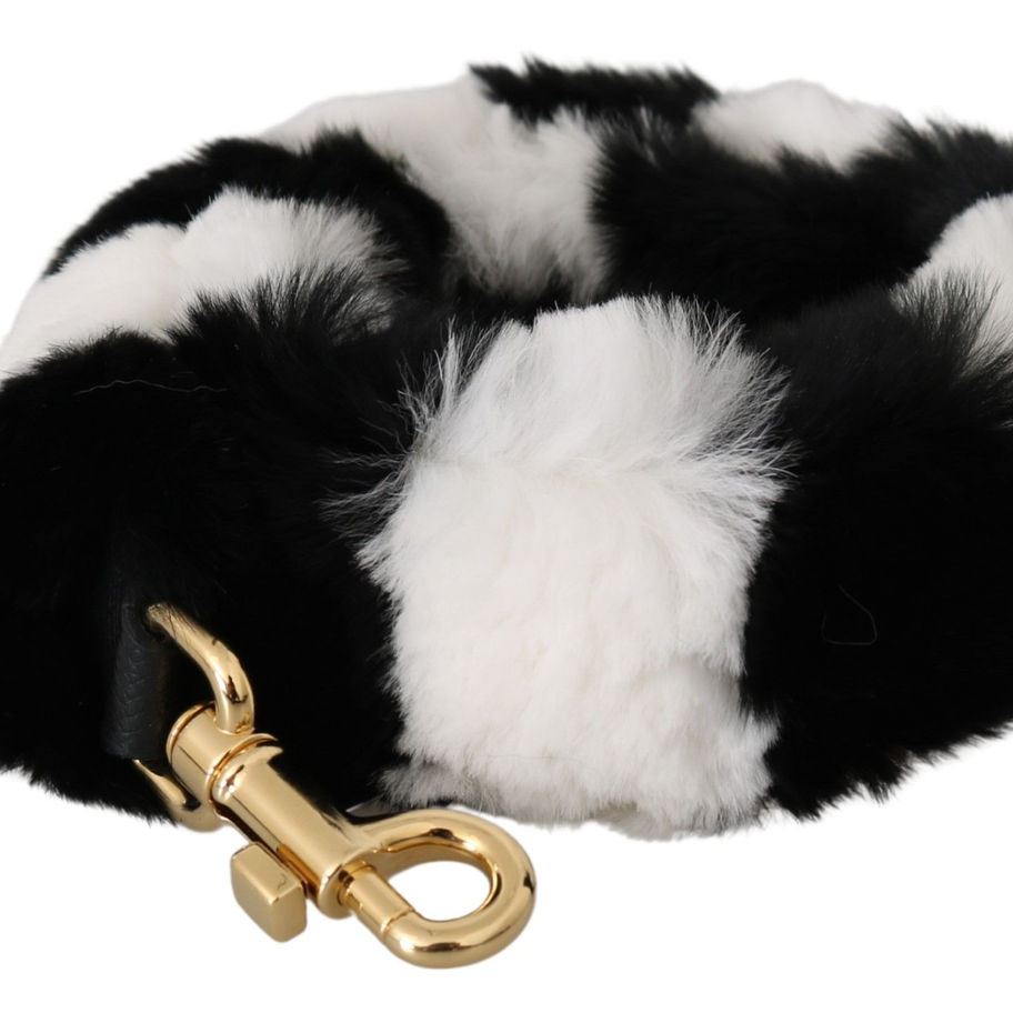 Black and white lapin fur accessory shoulder strap with gold clasp