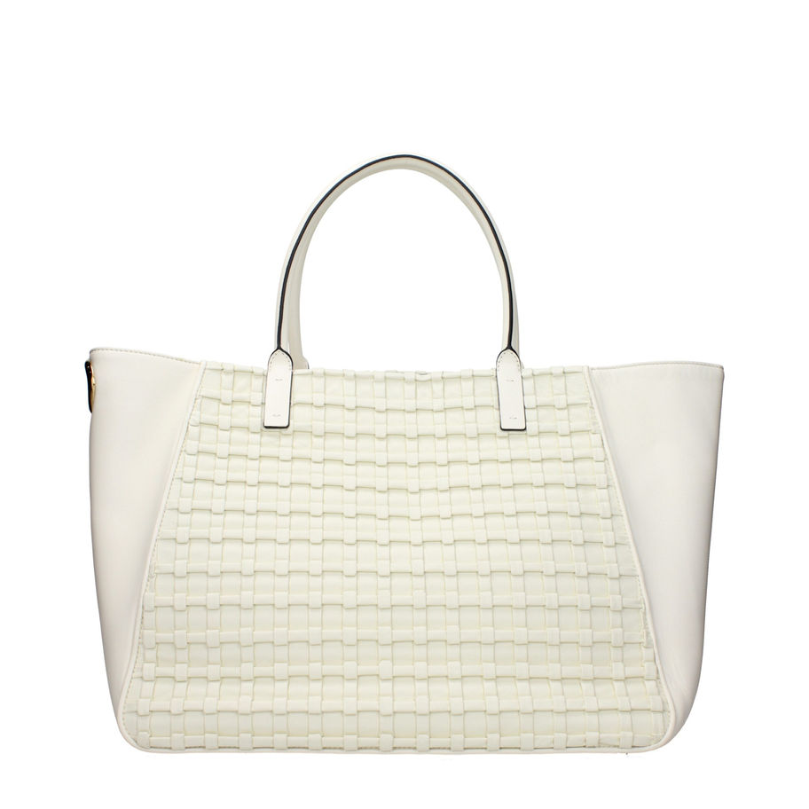 Woven beige leather handbag with top handles