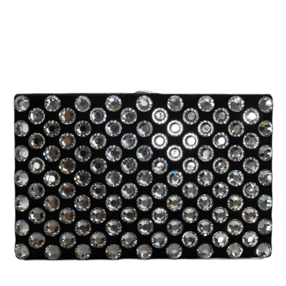 Black velvet clutch bag with rows of round crystals