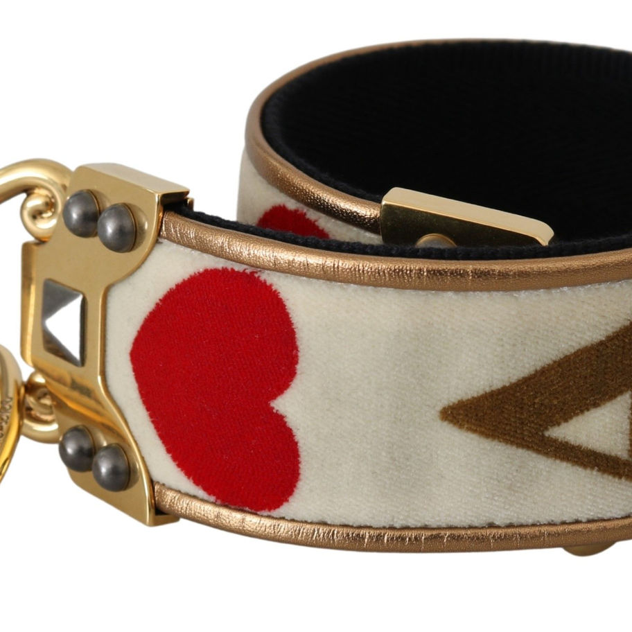 Gold White Textile Leather AMORE Shoulder Strap with heart