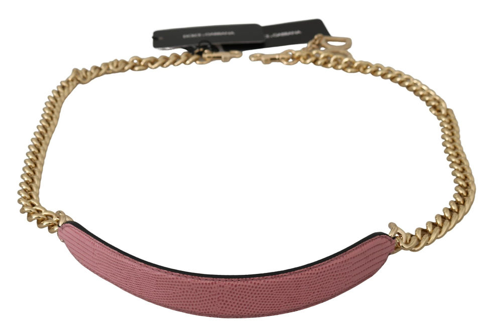 Pink leather shoulder strap with gold chain links.