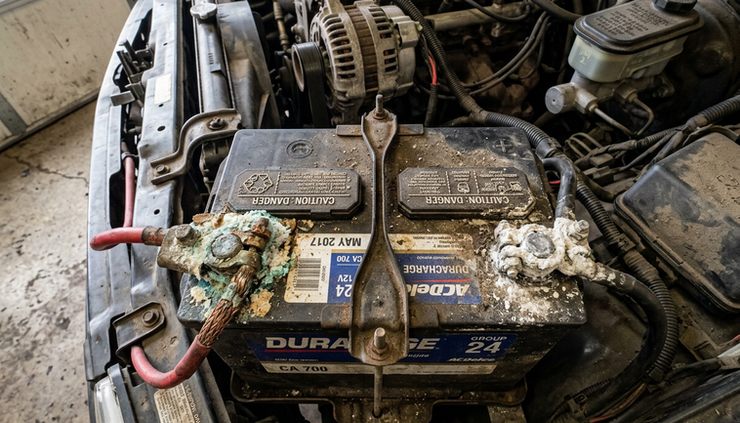 High-angle view of corroded car battery terminals