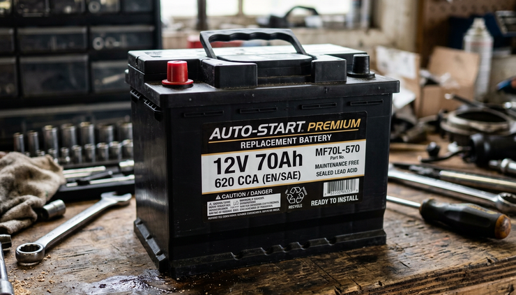 Close-up view of battery ratings printed on a replacement car battery
