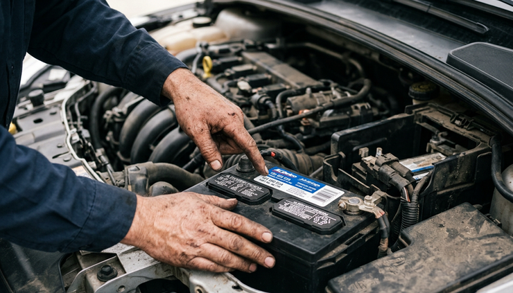 Close-up view of a technician checking the label on a car battery