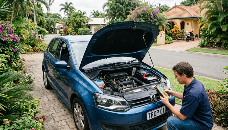 Wide-angle view of a car parked with its bonnet open during a battery check