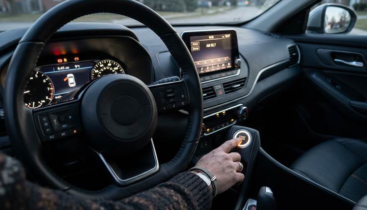 Eye-level view of a driver pressing a car start button