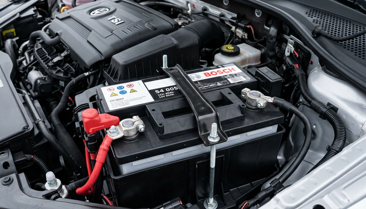 Open Volkswagen TSI engine bay with a Bosch battery and red cable, showing clean black components under the hood.