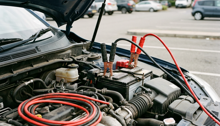 Close-up of jumper cables connected to a car battery terminal