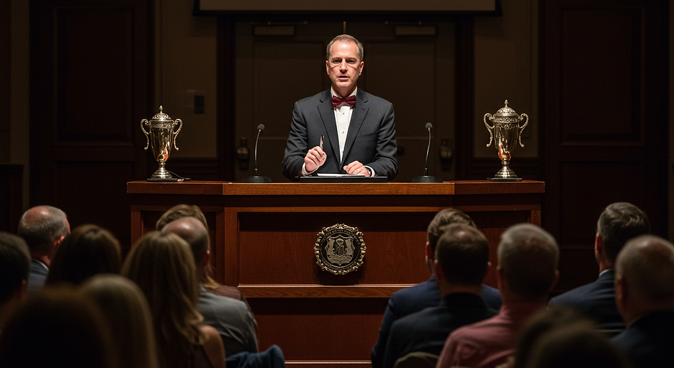 An Auctioneer annoucing which energy supplier just won your business and can save you the most money on your utility bill. He speaks at a podium with an emblem. Two trophies are displayed beside him representing energy savings.