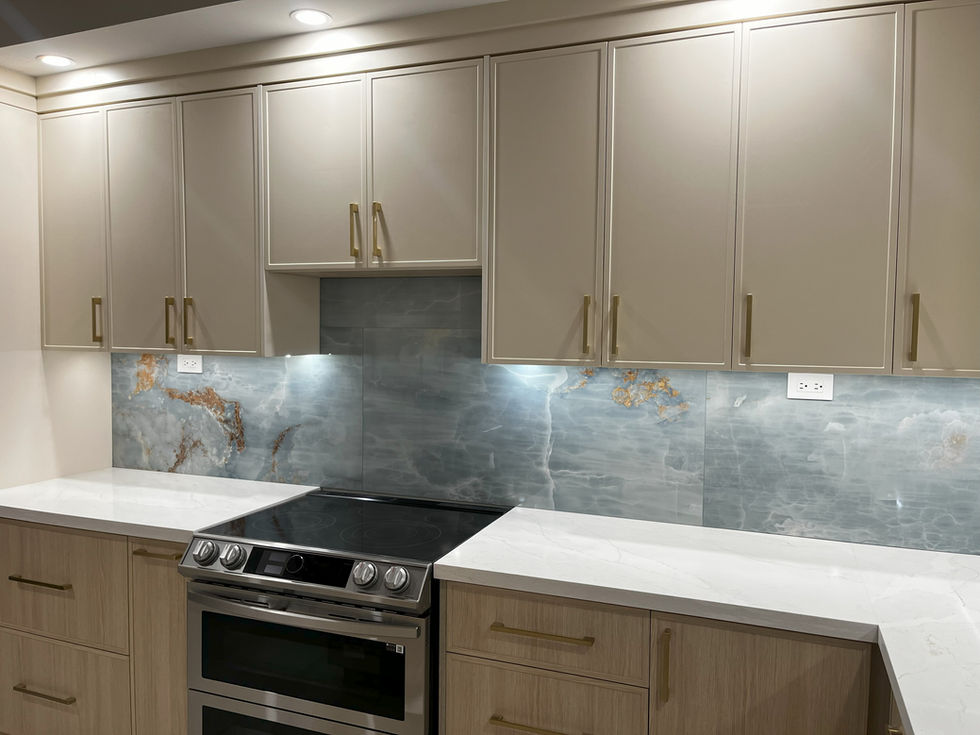 Natural Kitchen with under-glow lighting and blue backsplash in King City