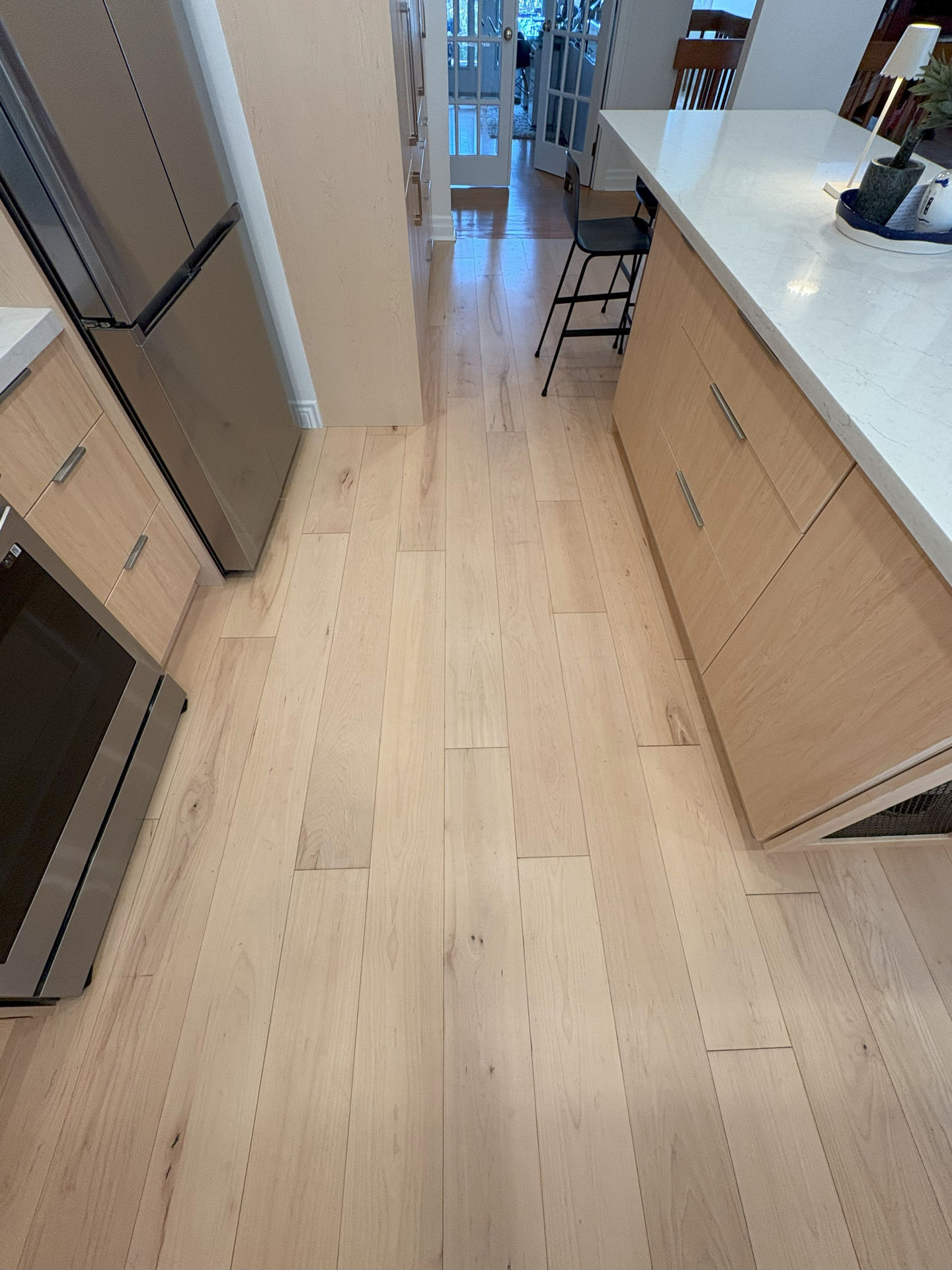 Natural color kitchen cabinets in King City made by Pearl Knstructions looking down