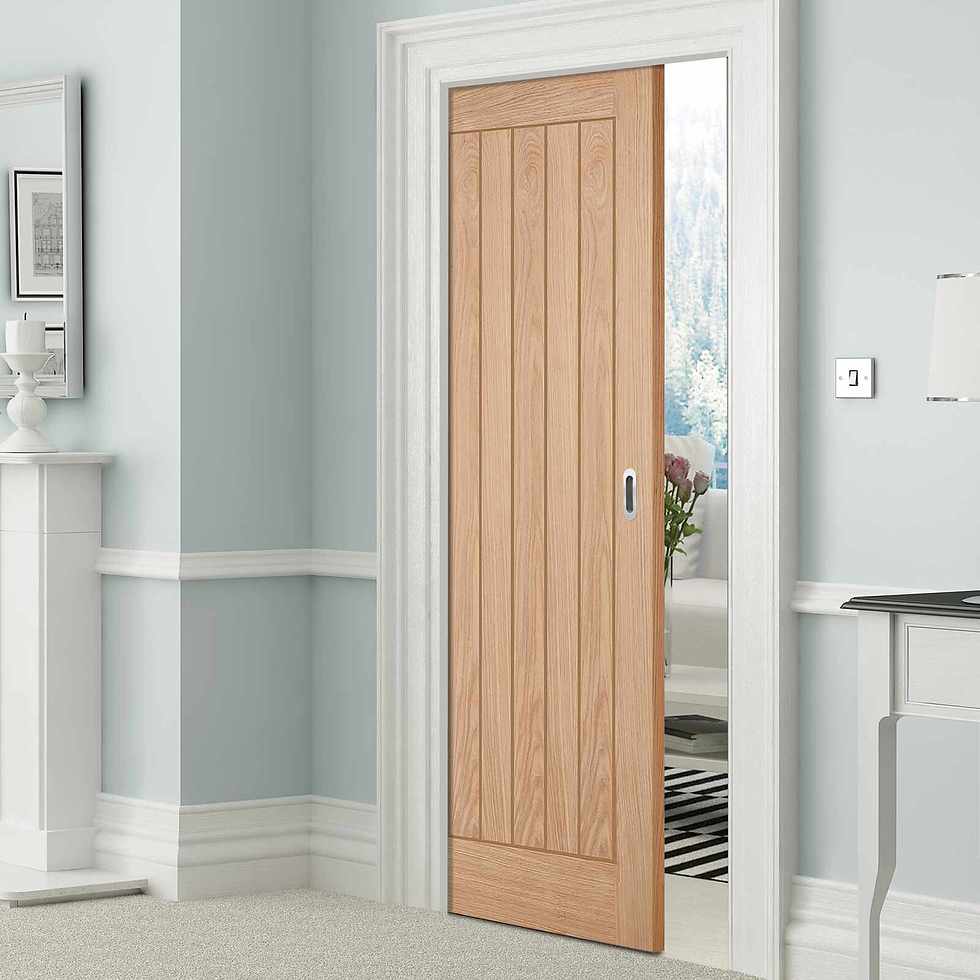 Pocket doors disappear into the wall for a clean and minimal finish.