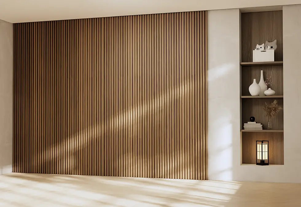 Vertical wood slats bring texture and warmth to this living room, offering a high-end look that’s both modern and inviting.