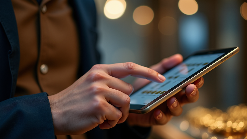 Close-up view of a jeweler checking gold prices on a tablet