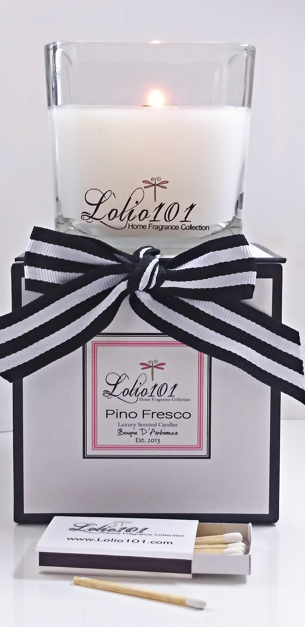 lolio101, scented candle, scented candles, luxury candle, luxury candles, dragonfly, luxury packaging, luxury box, black and white strip ribbon, matches, glass jar, home fragrance, gift,