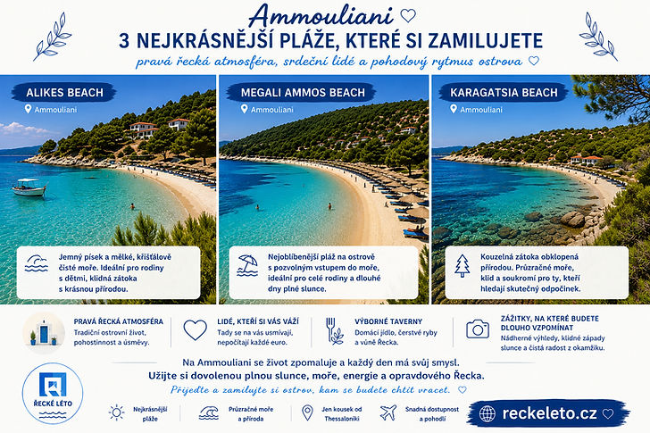 🌊 Alikes Beach – jemný písek, tyrkysové moře a ideální podmínky pro rodiny s dětmi.

☀️ Megali Ammos Beach – dlouhá písečná pláž s pozvolným vstupem do moře, jako stvořená pro celodenní relaxaci.

🌿 Karagatsia Beach – kouzelná zátoka obklopená zelení, klidné místo s průzračnou vodou pro ty, kteří hledají pohodu.
