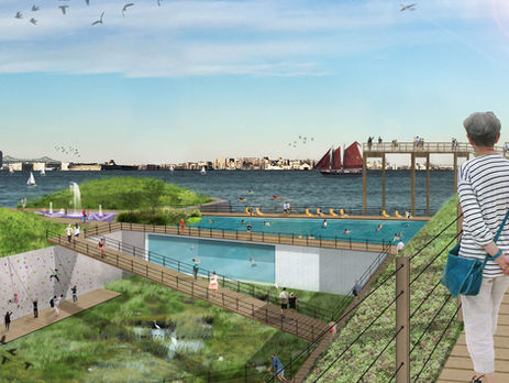 rendering of a dock reimagined as a public park with a variety of activities.