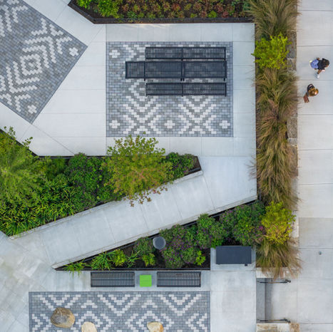 Aerial image of paver "rugs" and park "rooms" Ken Kelly Park City of Somerville Crowley Cottrell LLC Landscape Architecture