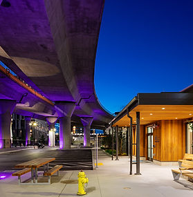 Night time image of building under a bridge