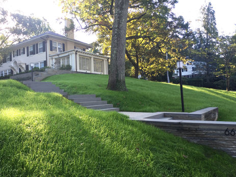 steps leading up a steep lawn to a house.