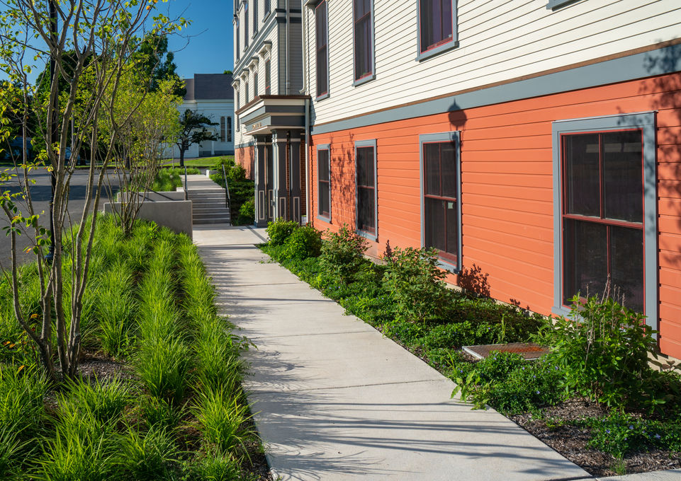 Sidewalk with planting on either side outside of Topsfield Town Hall- Crowley Cottrell LLC Landscape Architecture