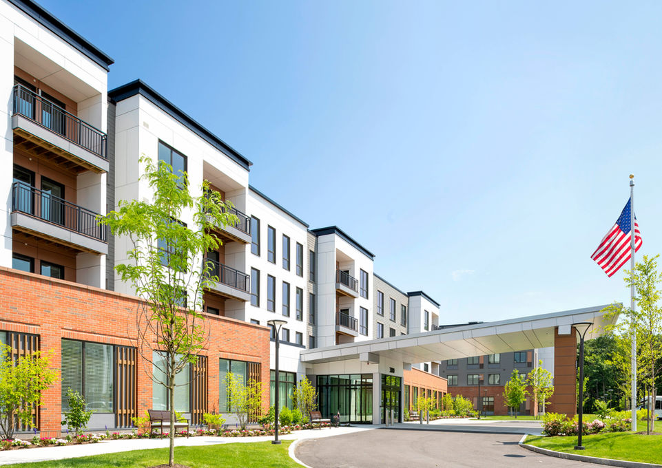 Entry drive with new trees and gardens at Delany at the Vale senior living complex - Crowley Cottrell LLC Landscape Architecture