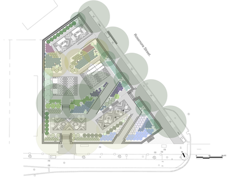 site plan of a small urban park with patterned paver designs.