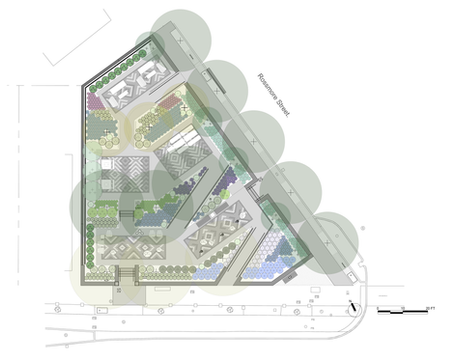 site plan of a small urban park with patterned paver designs.