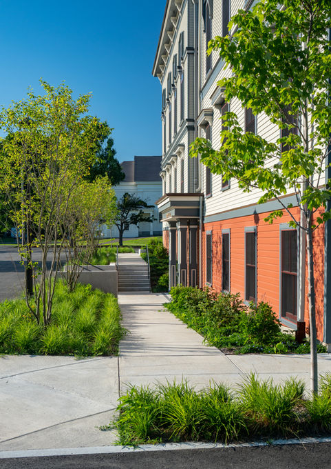 Sidewalk and curb cut with planting on either side outside of Topsfield Town Hall- Crowley Cottrell LLC Landscape Architecture