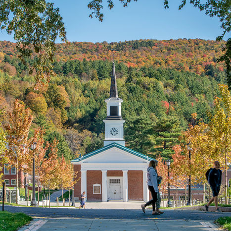 Campus chapel shown with Vermont mountains in the background, students in foreground Norwich University Memorial Plaza Crowley Cottrell LLC Landscape Architecture