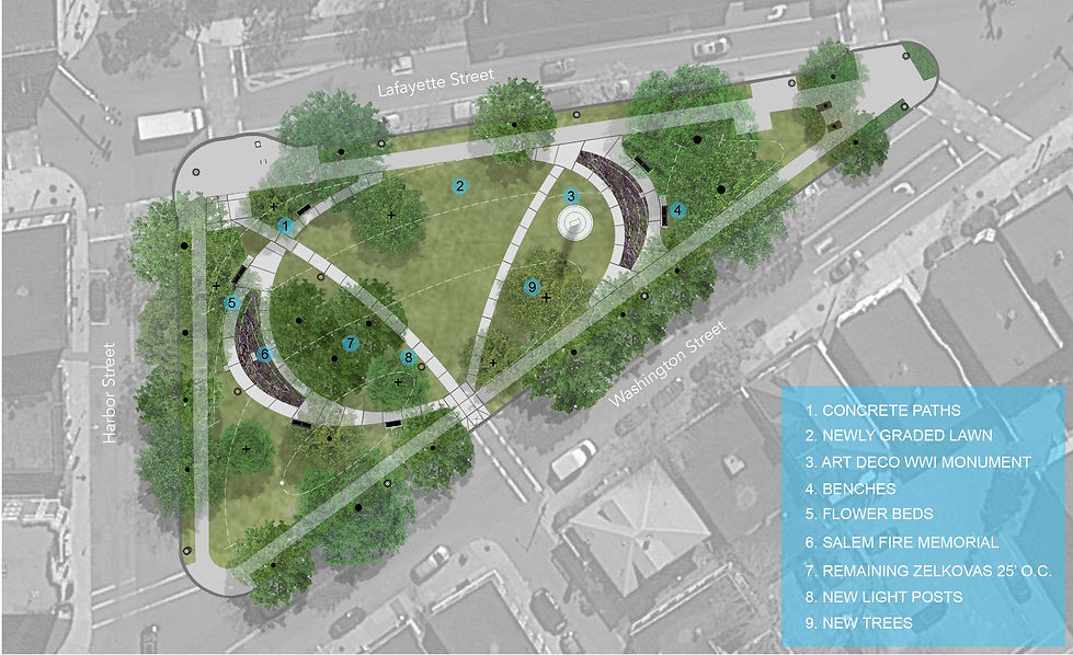 illustrative site plan of a triangular park in between three streets.