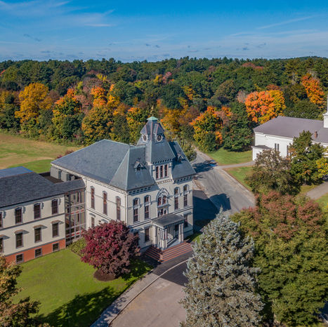 Birds eye drone image of Topsfield town hall. Crowley Cottrell LLC Landscape Architecture
