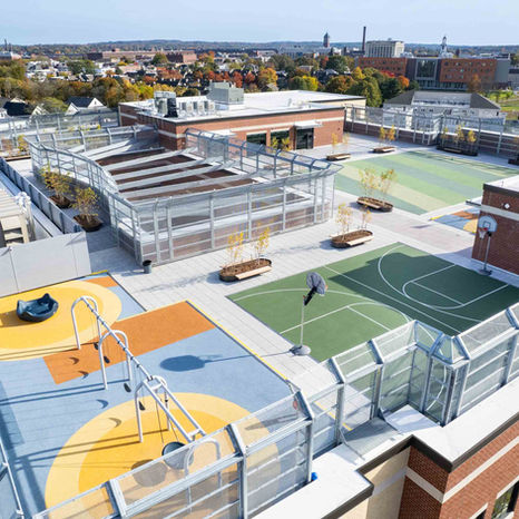 Rooftop playground at Leahy Elementary School in Lawrence, MA Crowley Cottrell LLC Landscape Architecture