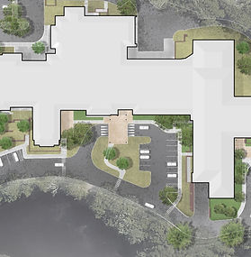 Aerial view, illustrative plan of campus layout and surrounding woods and lake