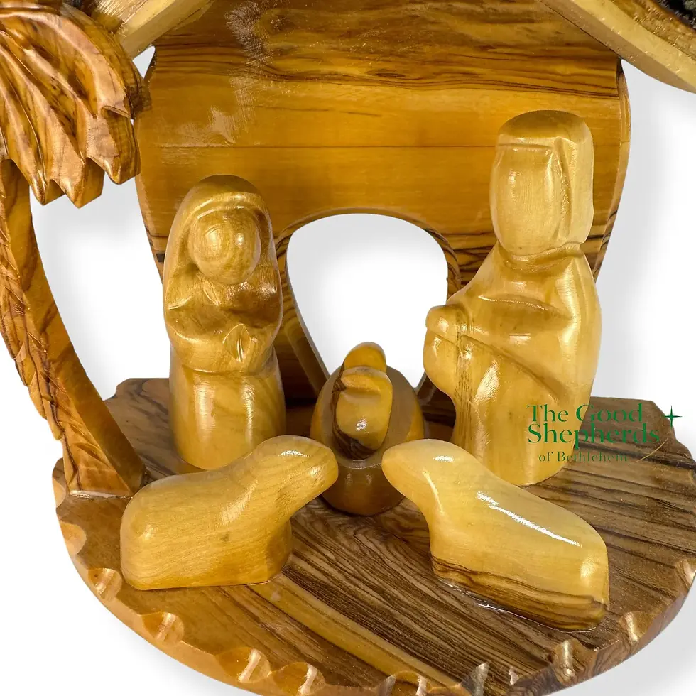 Miniatura: Olive Wood Nativity Set with Stable | Hand-Carved Holy Family Scene