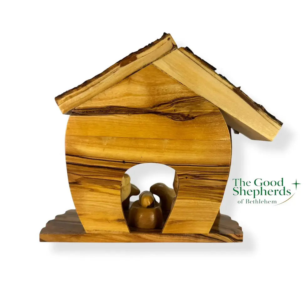 Miniatura: Olive Wood Nativity Set with Stable | Hand-Carved Holy Family Scene