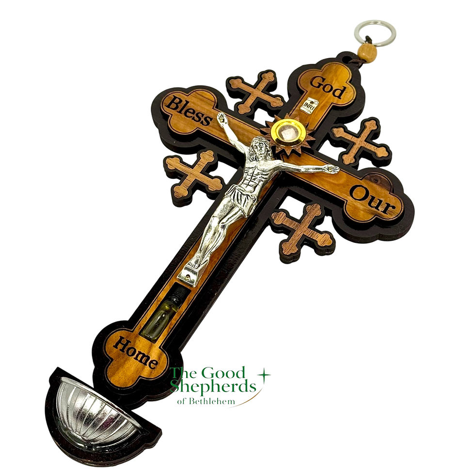 Thumbnail: Hand-carved olive wood Jerusalem crucifix with stone star above Jesus, Holy Land oil capsule beneath His feet, and holy water