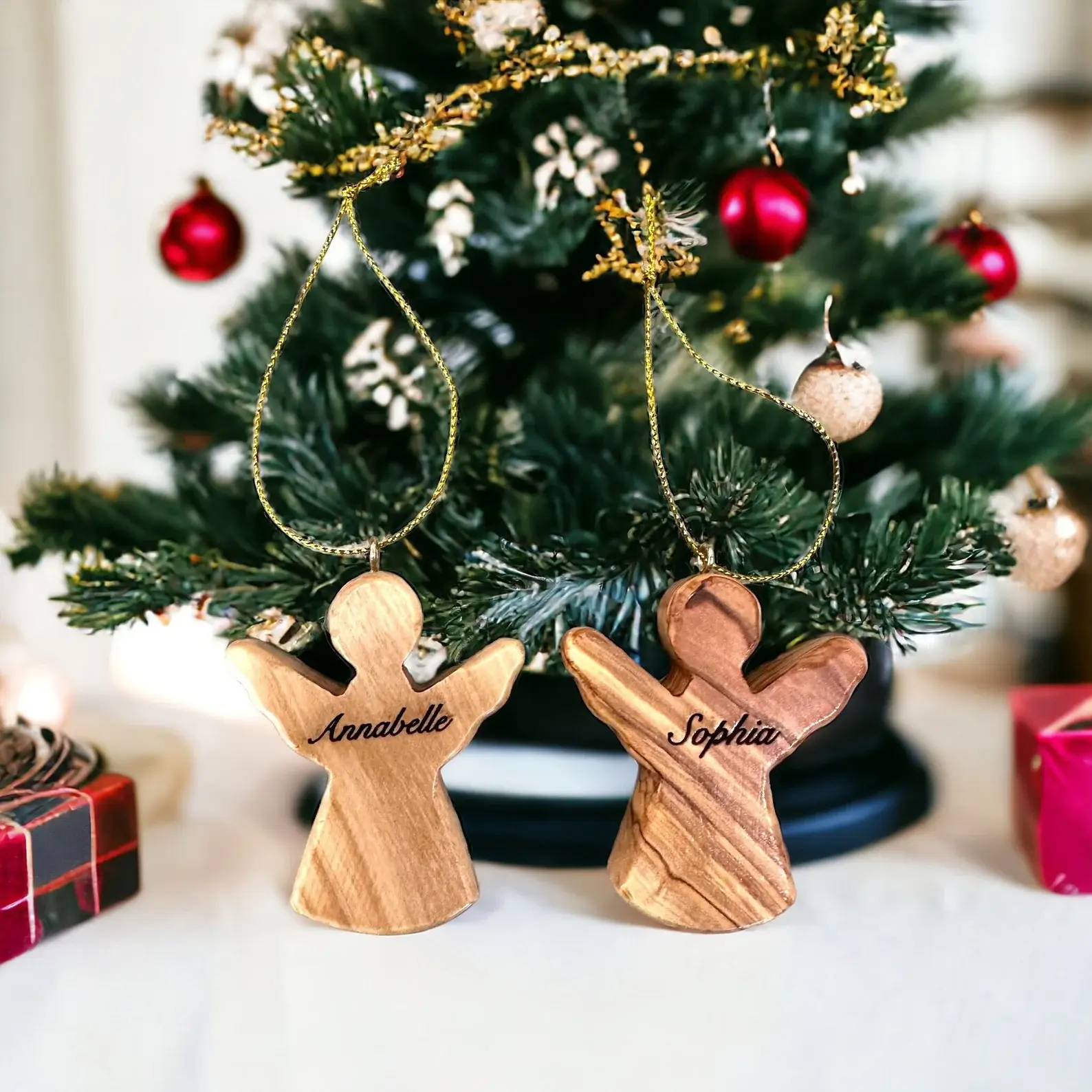 Personalized Olive wood Angel ornament, kids Angel ornament