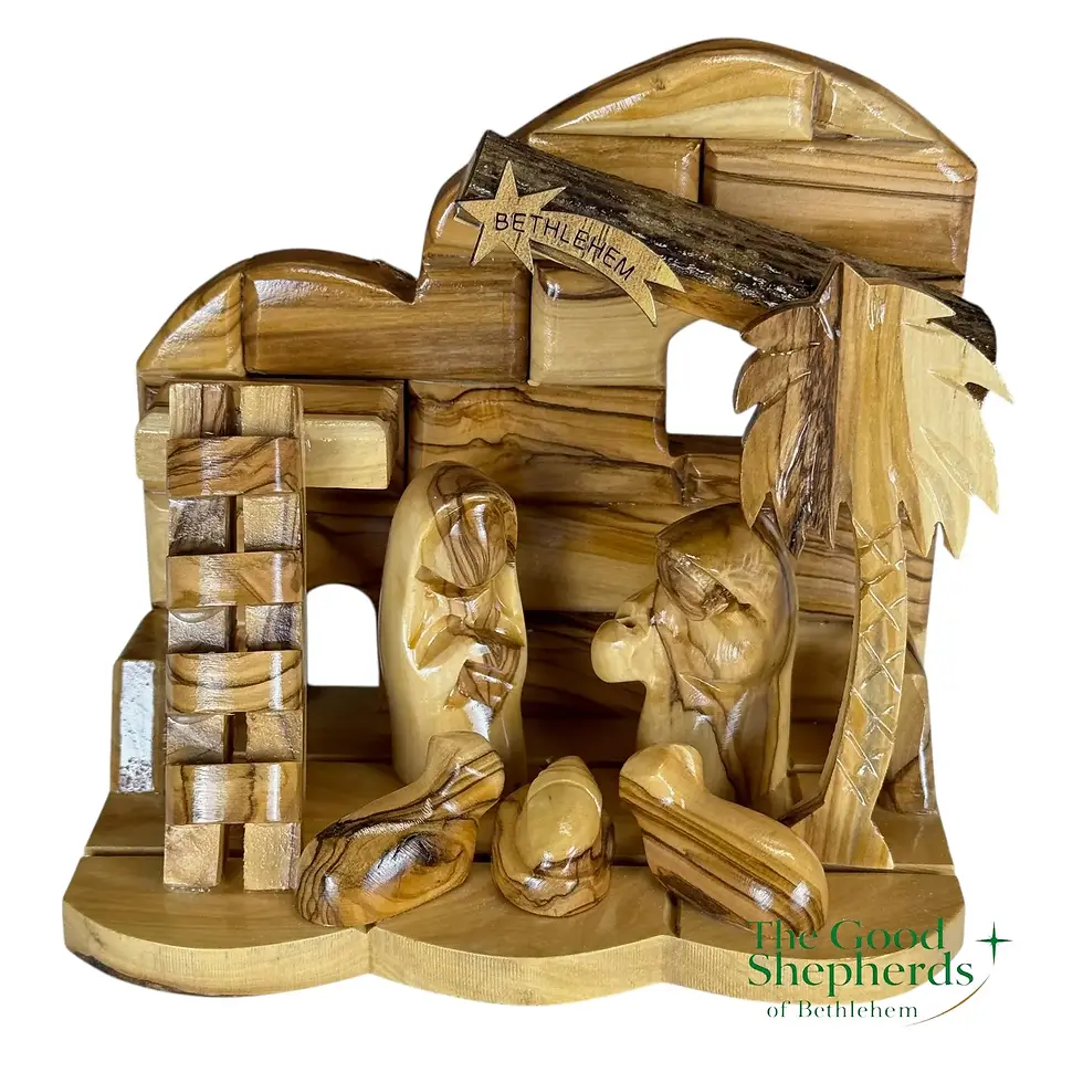 Thumbnail: Olive Wood Nativity Set with Stable | Hand-Carved Holy Family Scene Bethlehem